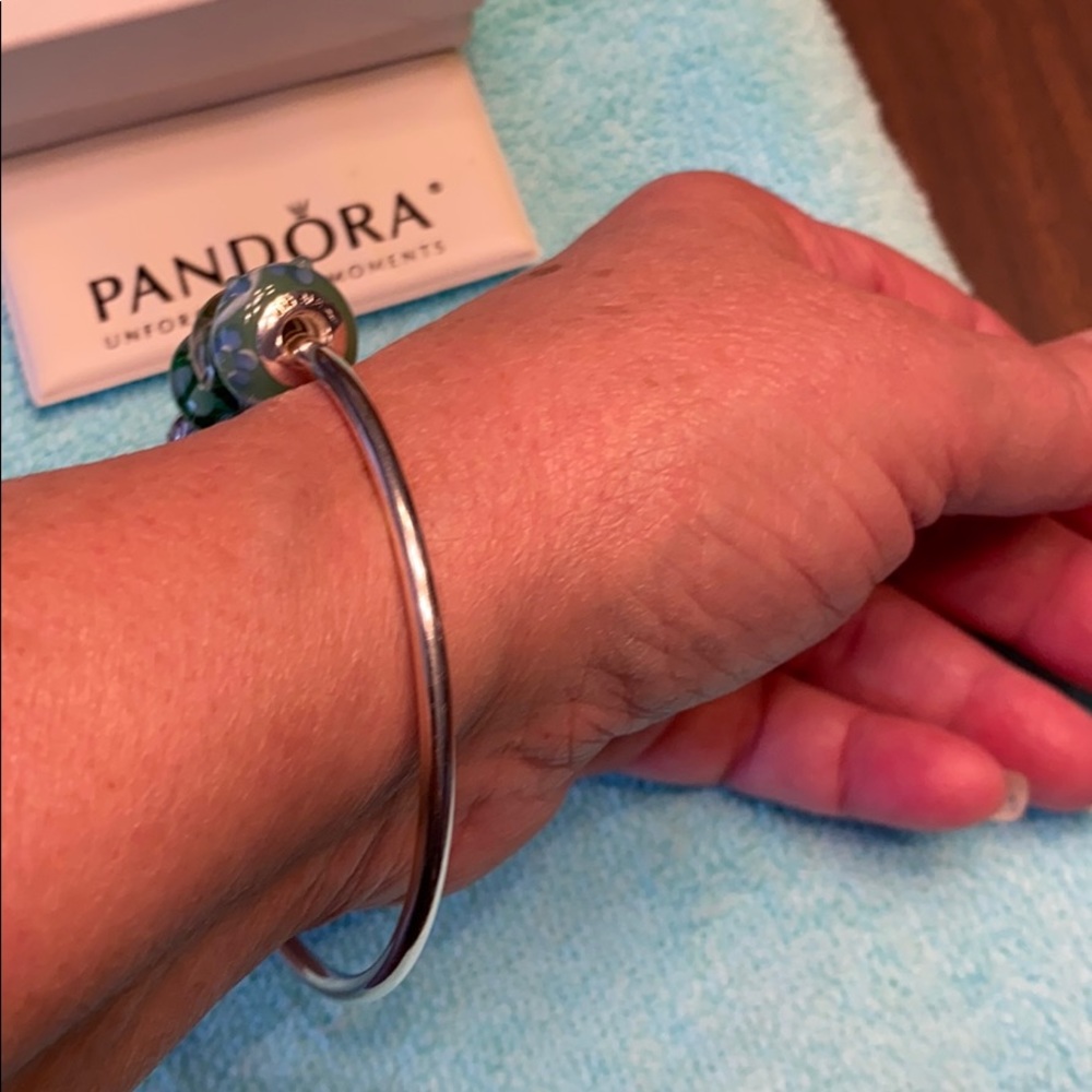 PANDORA 925 STERLING BANGLE BRACELET& 6 CHARMS - Picture 12 of 13